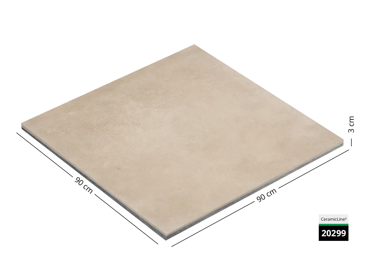 Saubere Schnittkante der 90x90 Terrassenplatte in beiger Beton-Optik von Woehe & Heydemann mit keramischer Oberfläche