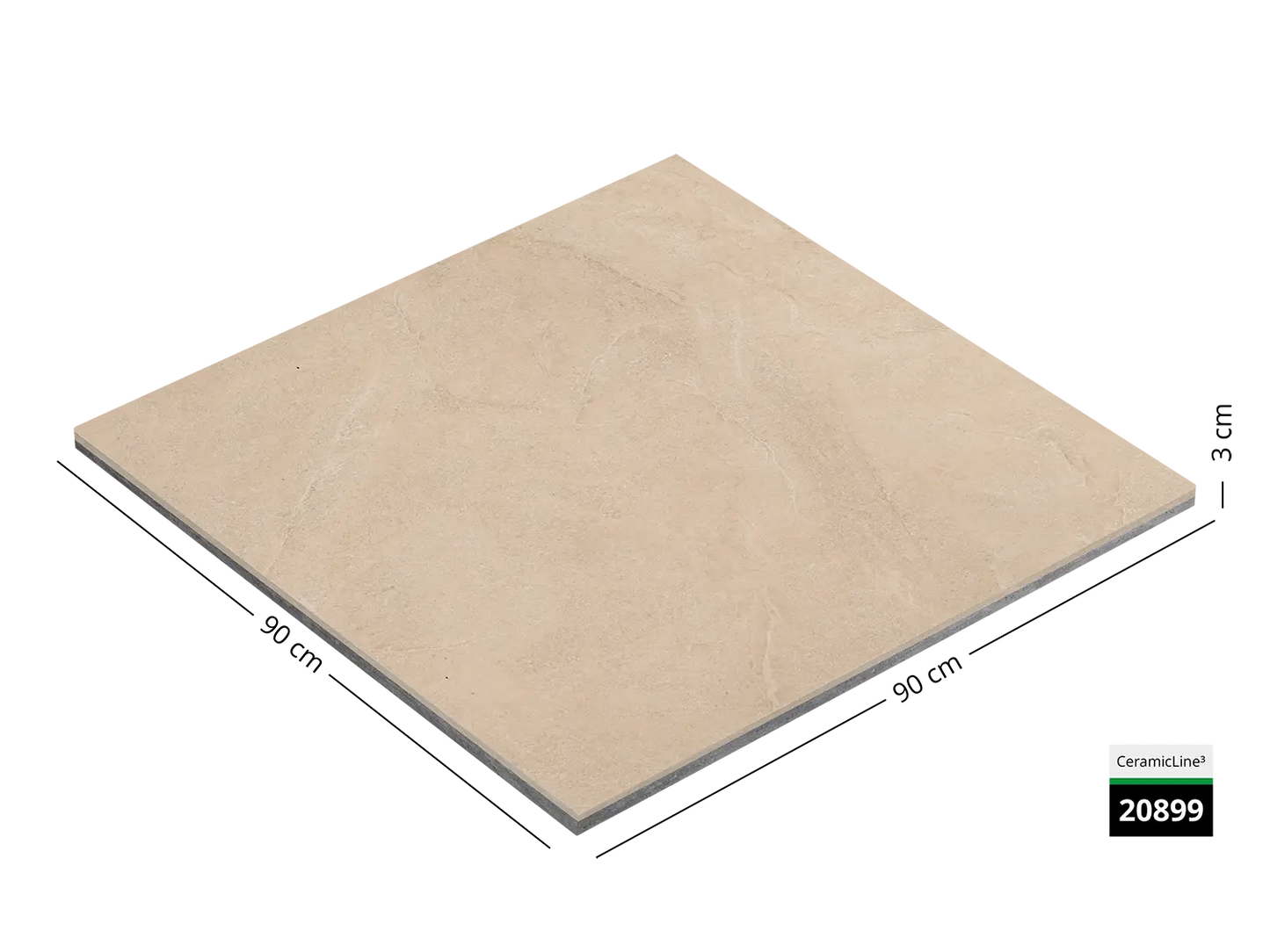 Saubere Schnittkante der 90x90 Terrassenplatte in beiger Naturstein-Optik von Woehe & Heydemann mit keramischer Oberfläche