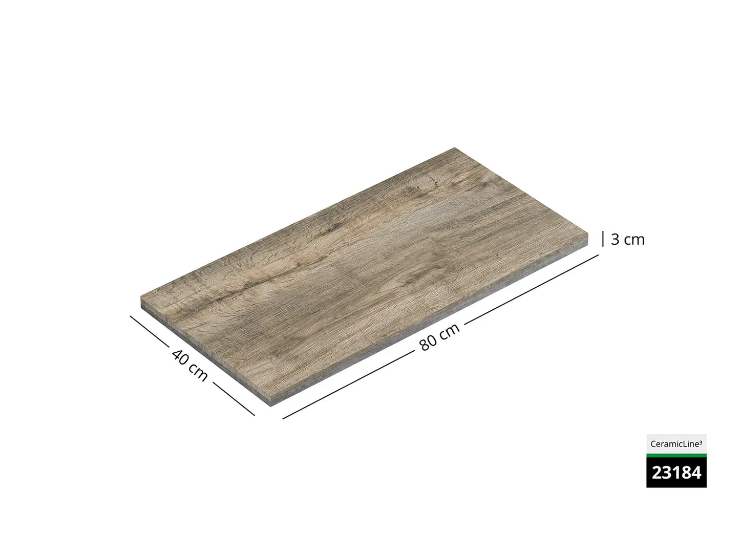 Saubere Schnittkante der 80x40 Terrassenplatte in brauer Holzoptik von Woehe & Heydemann mit Holz Oberfläche