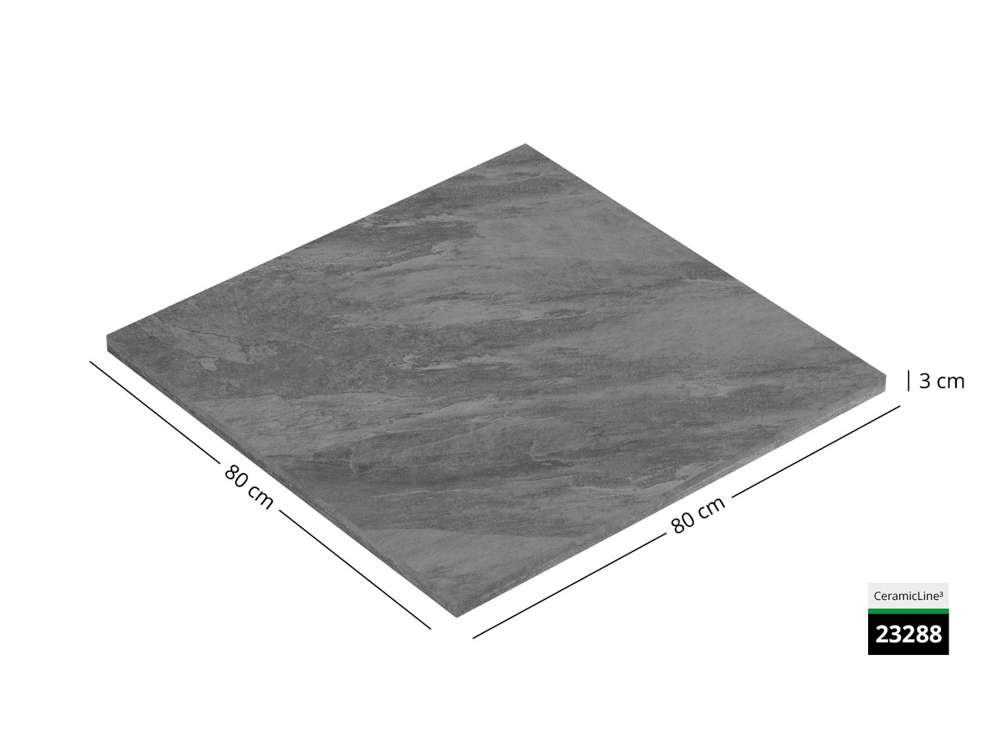 Saubere Schnittkante der 80x80 Terrassenplatte in grauer Natursteinoptik von Woehe & Heydemann mit feinkörniger Oberfläche