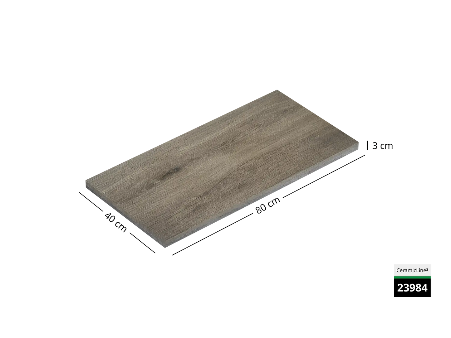 Saubere Schnittkante der 80x40 Terrassenplatte in brauner Holz-Optik von Woehe & Heydemann mit keramischer Oberfläche
