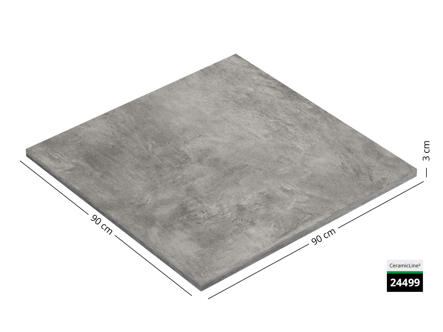 Saubere Schnittkante der 90x90 Terrassenplatte in grauer Betonoptik von Woehe & Heydemann mit feinkörniger Oberfläche