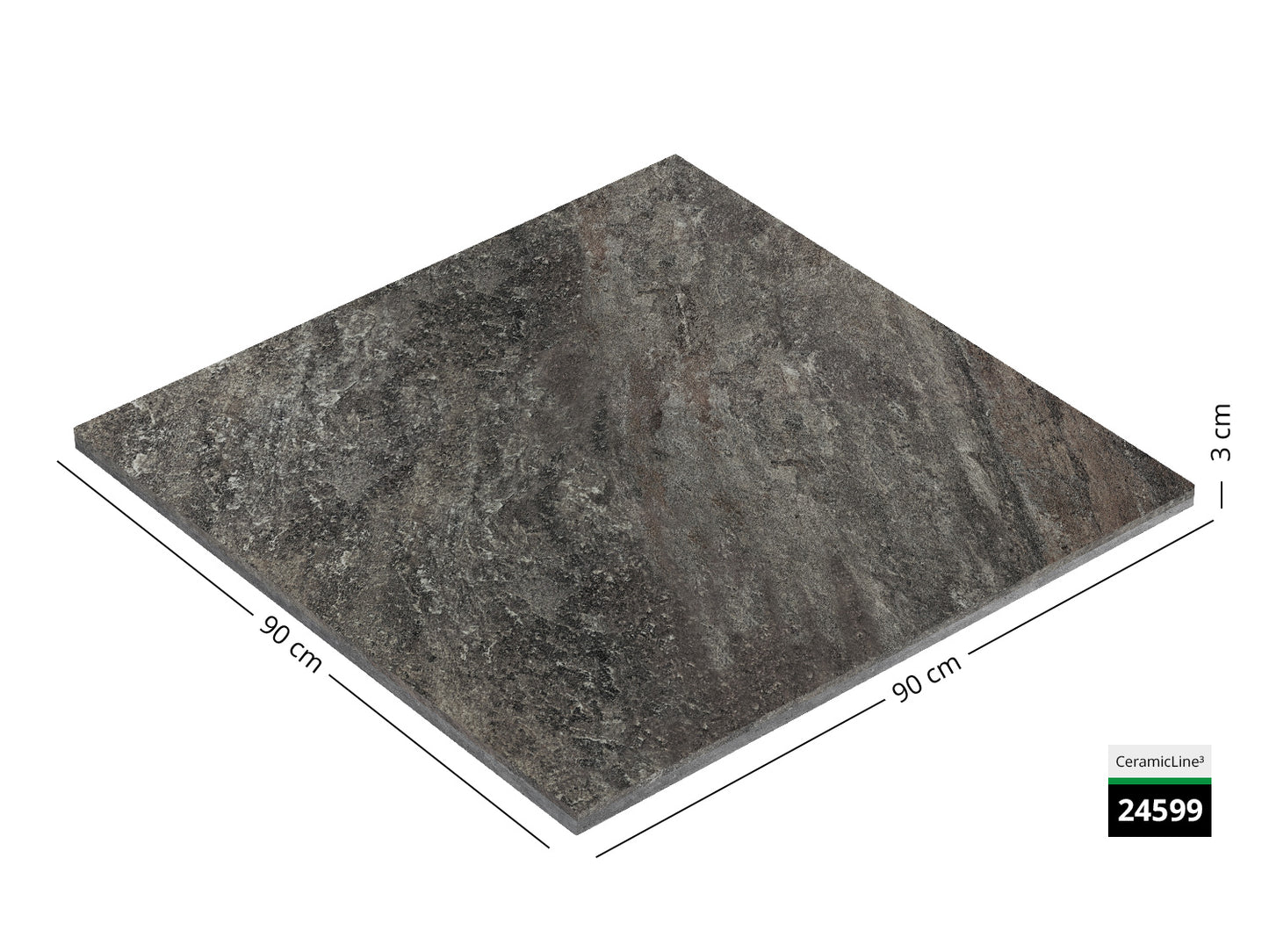 Saubere Schnittkante der 90x90 Terrassenplatte in grauer Natursteinoptik von Woehe & Heydemann mit feinkörniger Oberfläche