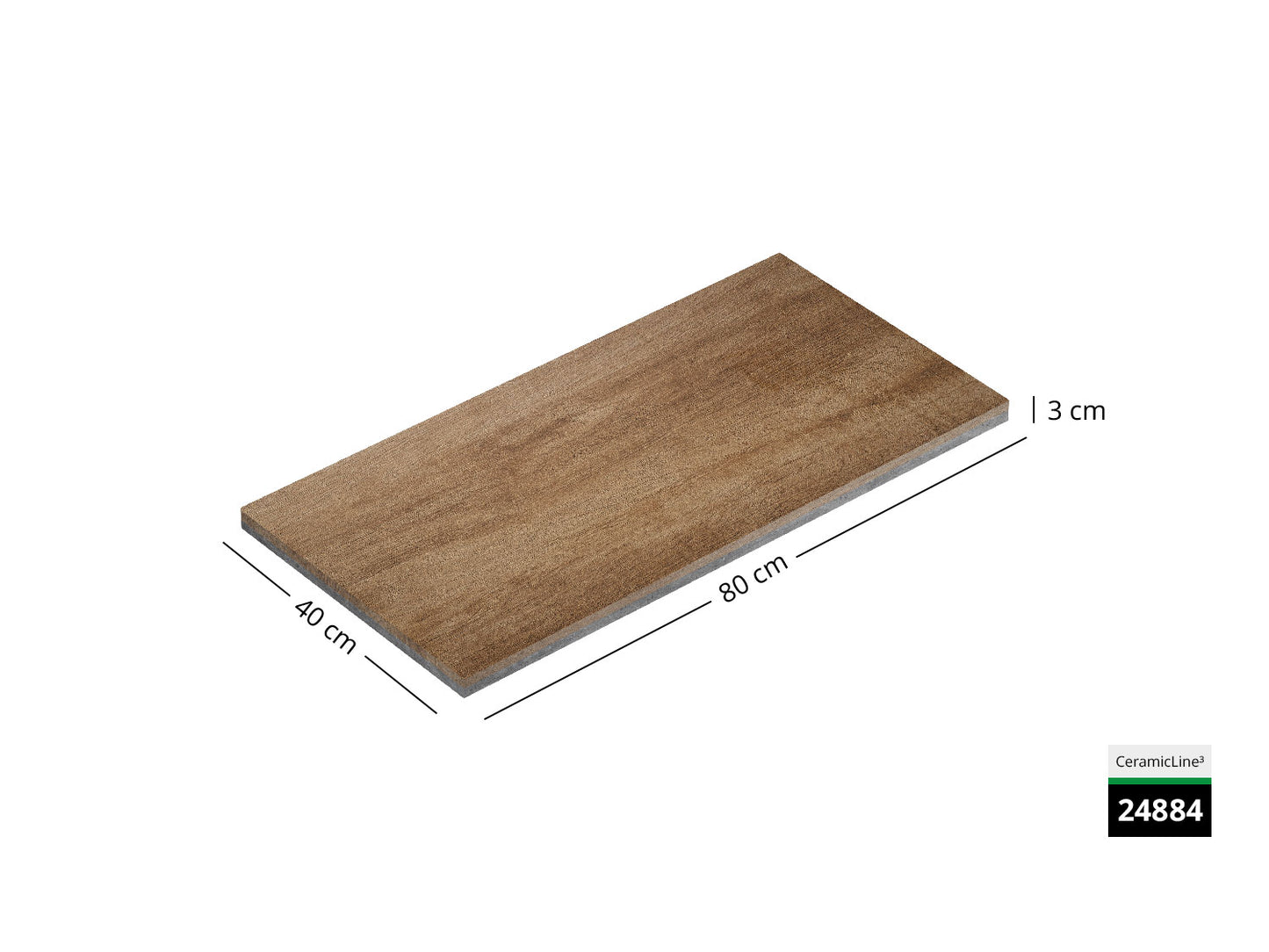 Saubere Schnittkante der 80x40 Terrassenplatte in brauner Holzoptik von Woehe & Heydemann mit Holz Oberfläche