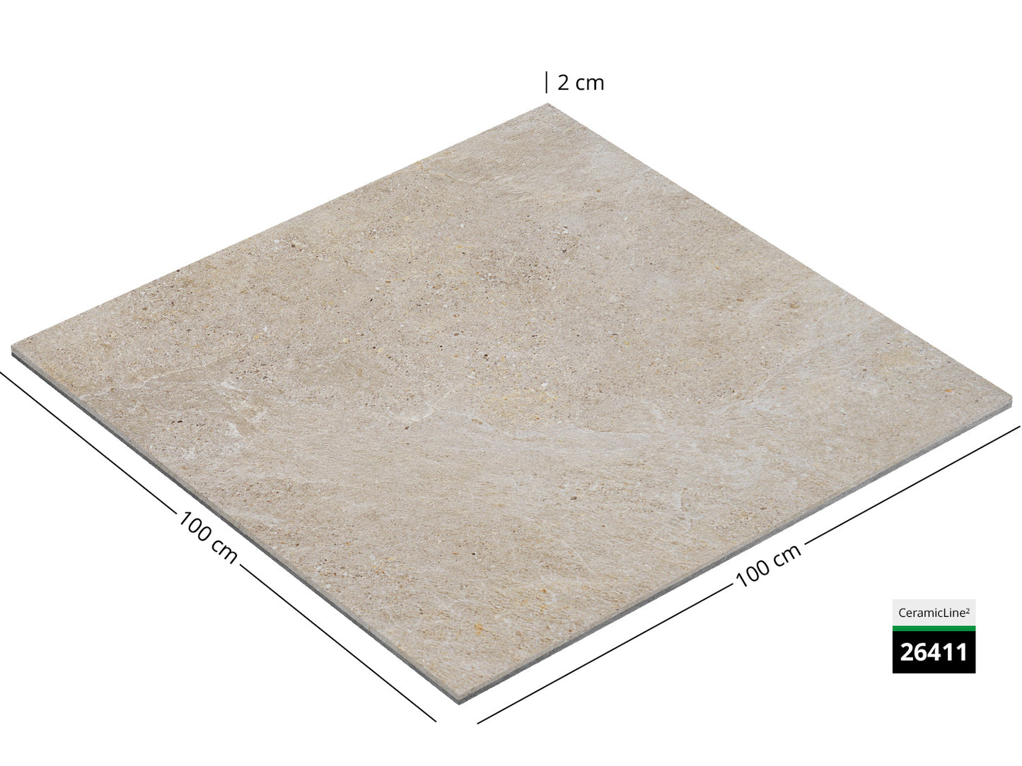 Saubere Schnittkante der 100x100 Terrassenplatte in beiger Natursteinoptik von Woehe & Heydemann mit feinkörniger Oberfläche