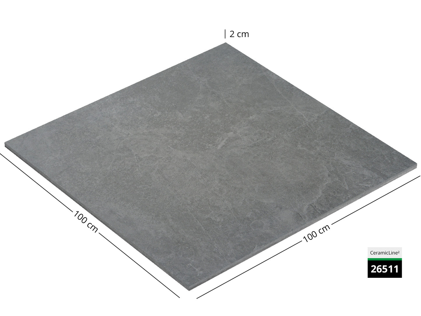 Saubere Schnittkante der 100x100 Terrassenplatte in grauer Natursteinoptik von Woehe & Heydemann mit feinkörniger Oberfläche
