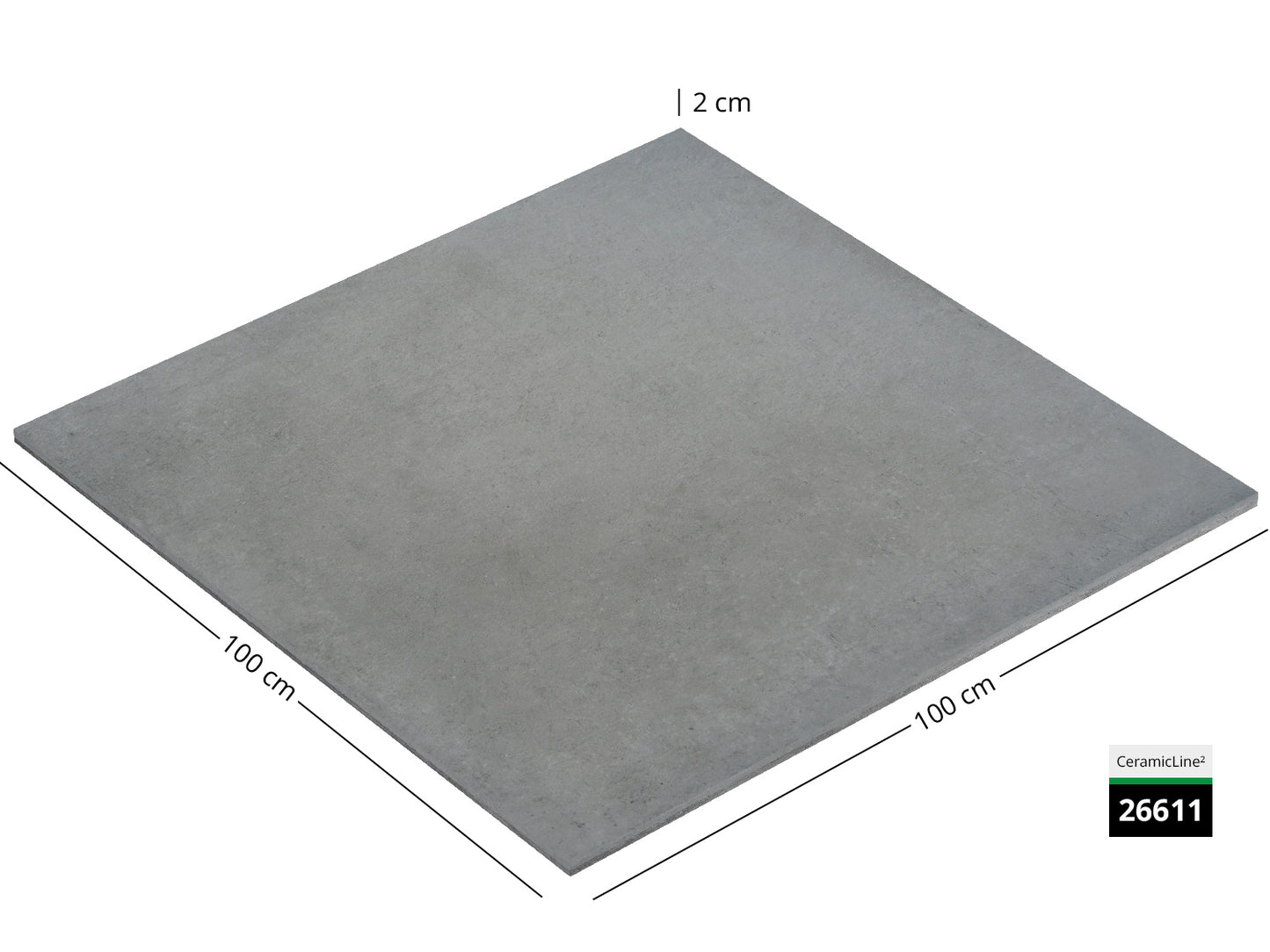 Saubere Schnittkante der 100x100 Terrassenplatte in grauer Betonoptik von Woehe & Heydemann mit feinkörniger Oberfläche