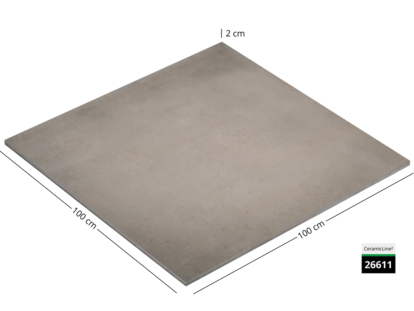 Saubere Schnittkante der 100x100 Terrassenplatte in grauer Betonoptik von Woehe & Heydemann mit feinkörniger Oberfläche