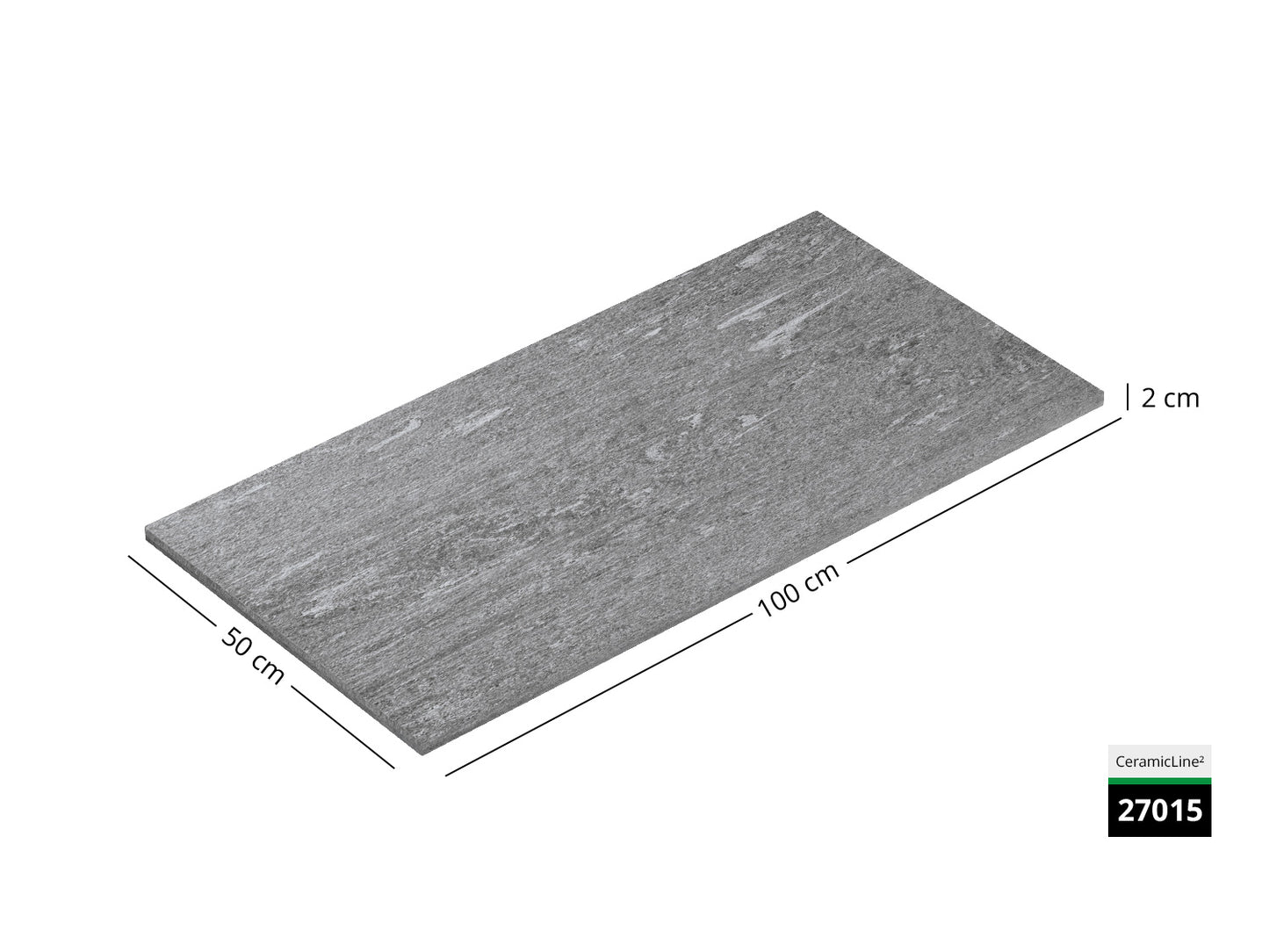 Saubere Schnittkante der 100x50 Terrassenplatte in grauer Natursteinoptik von Woehe & Heydemann mit feinkörniger Oberfläche