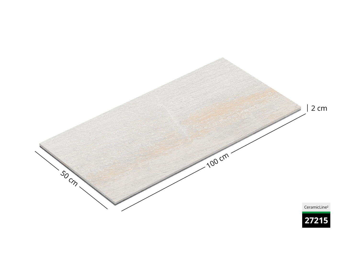 Saubere Schnittkante der 100x50 Terrassenplatte in beiger Natursteinoptik von Woehe & Heydemann mit feinkörniger Oberfläche