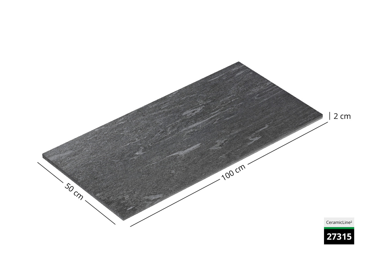 Saubere Schnittkante der 100x50 Terrassenplatte in grauer Natursteinoptik von Woehe & Heydemann mit feinkörniger Oberfläche