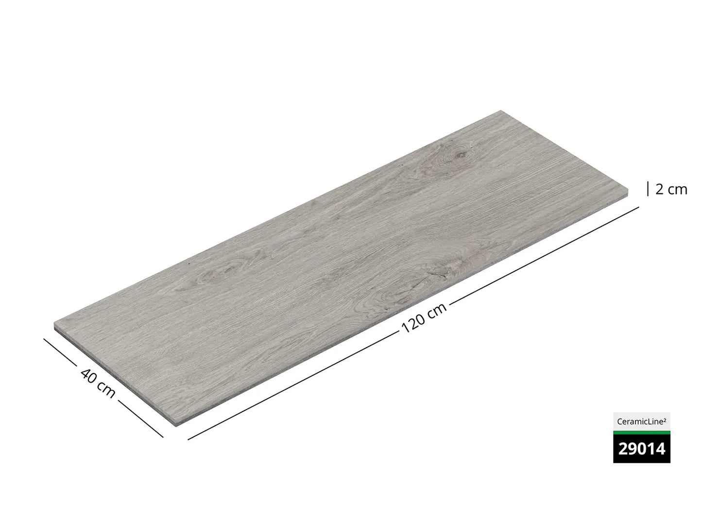 Saubere Schnittkante der 120x40 Terrassenplatte in grauer Holzoptik von Woehe & Heydemann mit feinkörniger Oberfläche