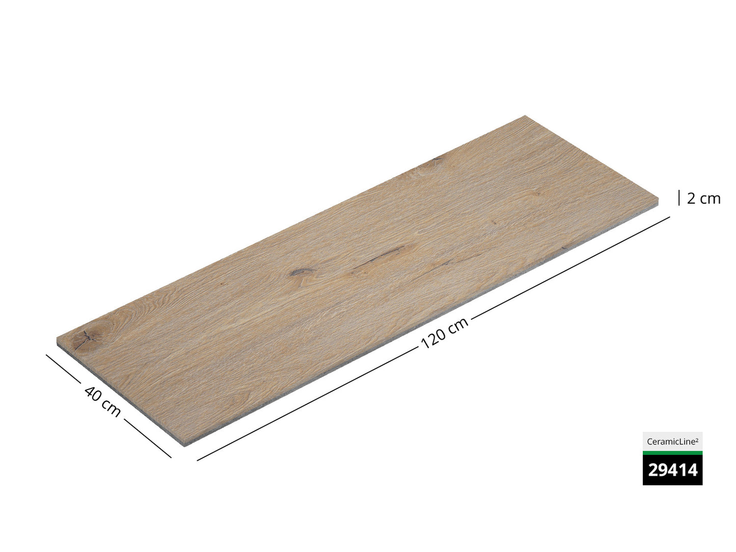 Saubere Schnittkante der 120x40 Terrassenplatte in beiger Holzoptik von Woehe & Heydemann mit Holz Oberfläche