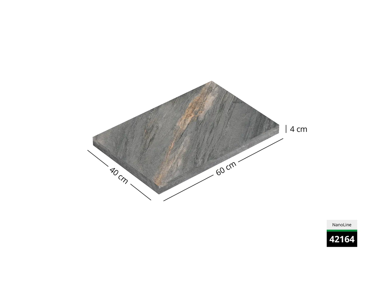 Saubere Schnittkante der 60x40 Terrassenplatte in grauer Natursteinoptik von Woehe & Heydemann mit feinkörniger Oberfläche