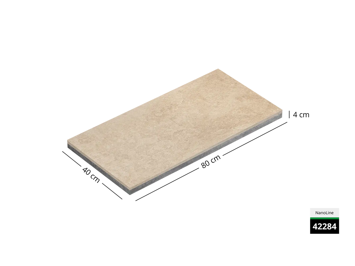 Saubere Schnittkante der 40x80 Terrassenplatte in beiger Naturstein-Optik von Woehe & Heydemann mit dekor-nanobeschichtet, feingestrahlter Oberfläche
