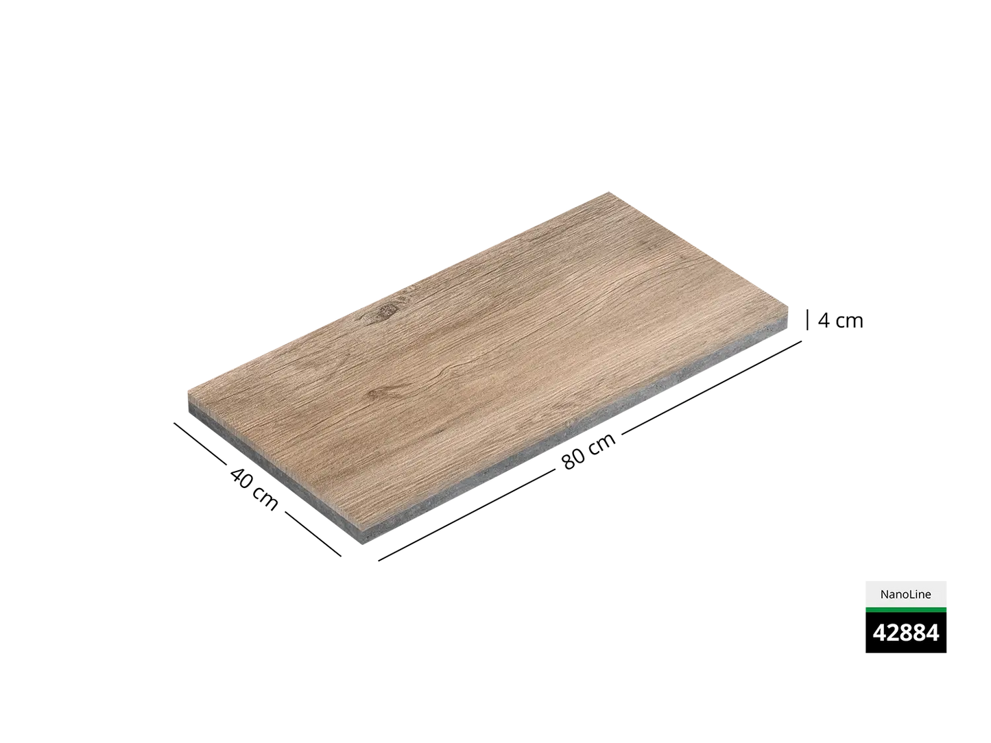 Saubere Schnittkante der 40x80 Terrassenplatte in brauner Holz-Optik von Woehe & Heydemann mit dekor-nanobeschichtet, strukturiert, feingestrahlter Oberfläche