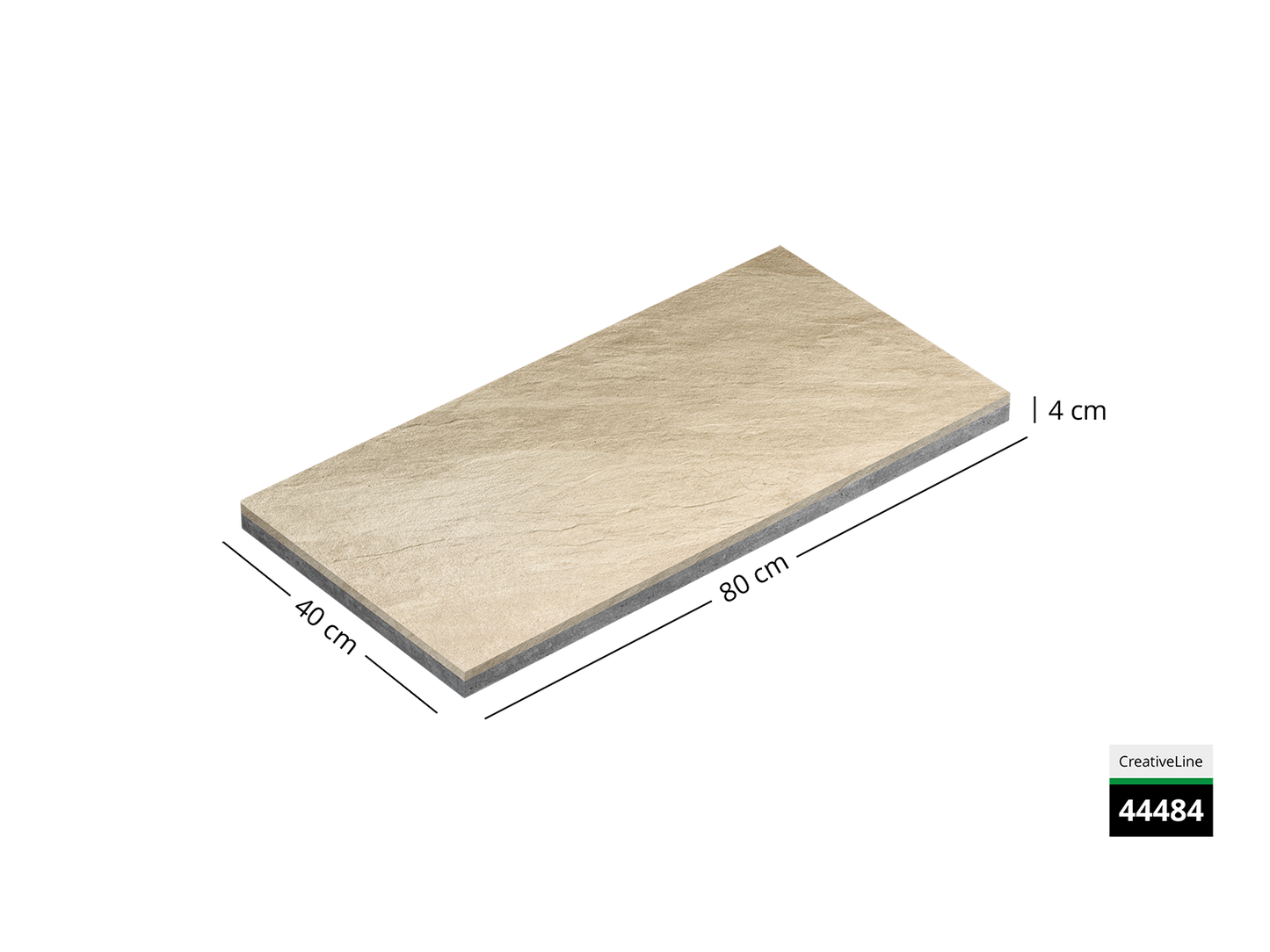 Saubere Schnittkante der 40x80 Terrassenplatte in beiger Naturstein-Optik von Woehe & Heydemann mit designbeschichtet, strukturierter Oberfläche