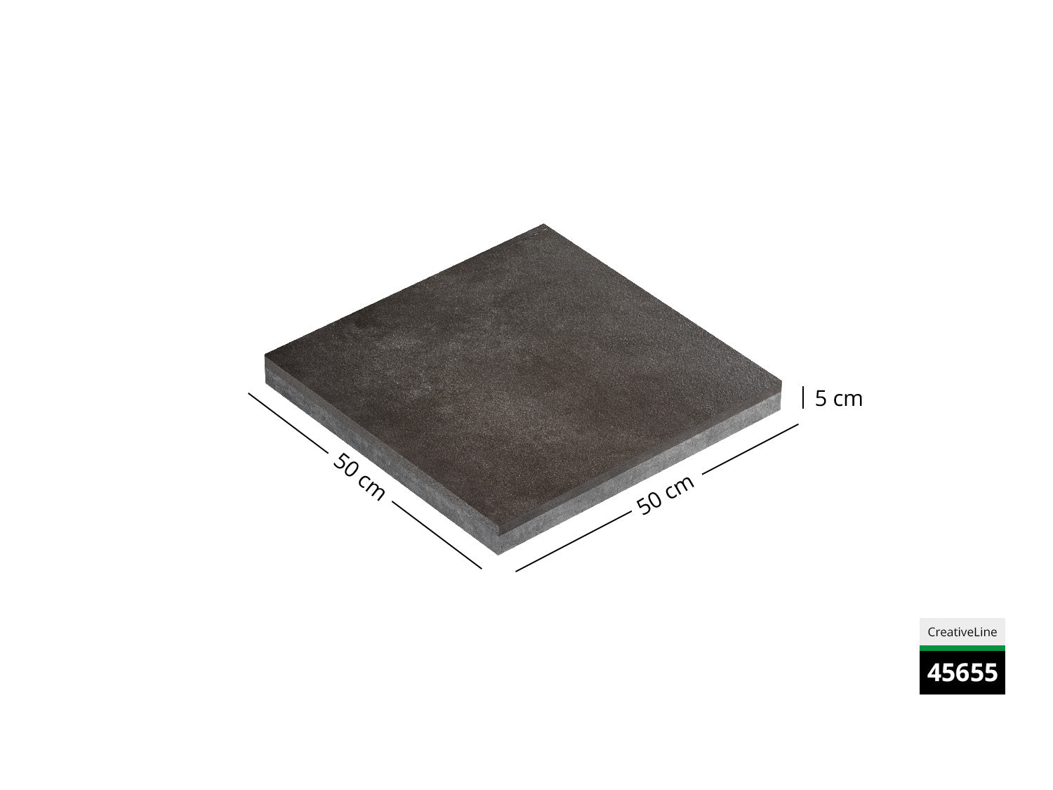 Saubere Schnittkante der 50x50 Terrassenplatte in graue Natursteinoptik von Woehe & Heydemann mit feinkörniger Oberfläche