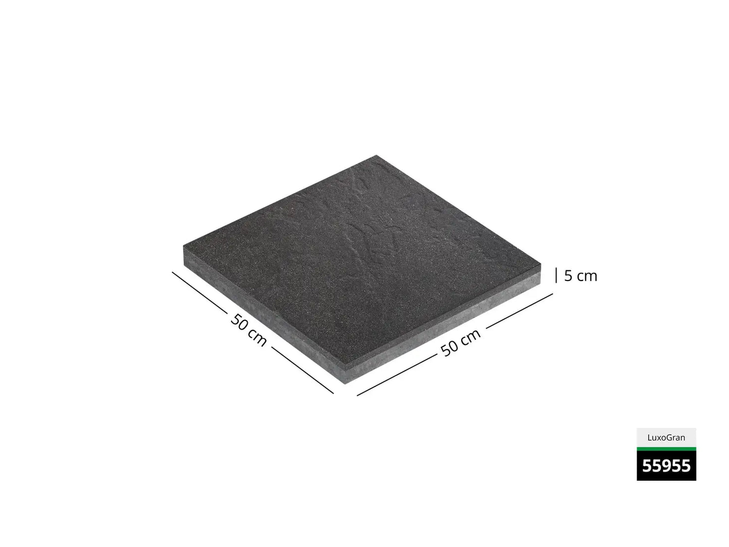 Saubere Schnittkante der 50x50 Terrassenplatte in schwarz/grauer Natursteinoptik von Woehe & Heydemann mit strukturierter Oberfläche