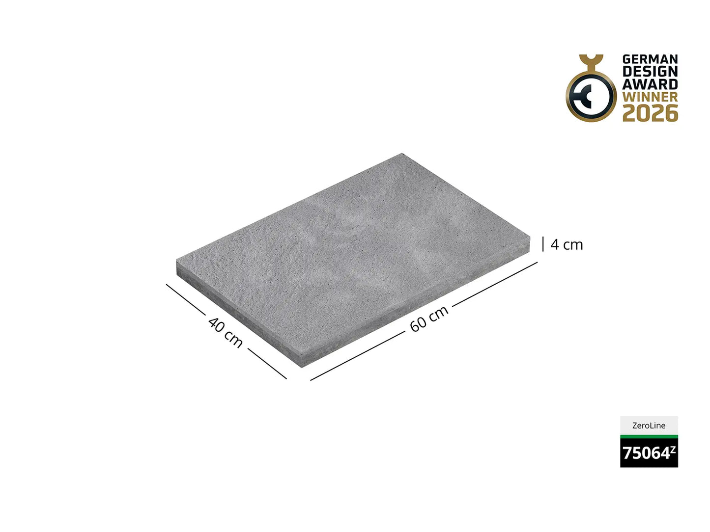 Saubere Schnittkante der 60x40 ZeroLione-Terrassenplatte in grauer Natursteinoptik von Woehe & Heydemann mit nachhaltiger feiner Oberfläche GDA Winner
