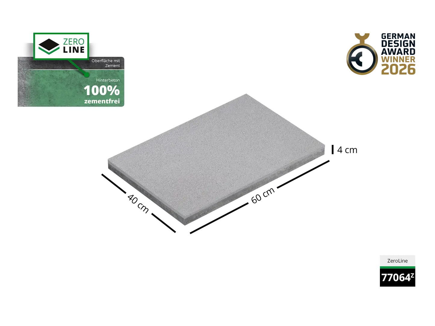 Saubere Schnittkante der 60x40 ZeroLine-Terrassenplatte in grauer Natursteinoptik von Woehe & Heydemann mit feinkörniger Oberfläche GDA Winner