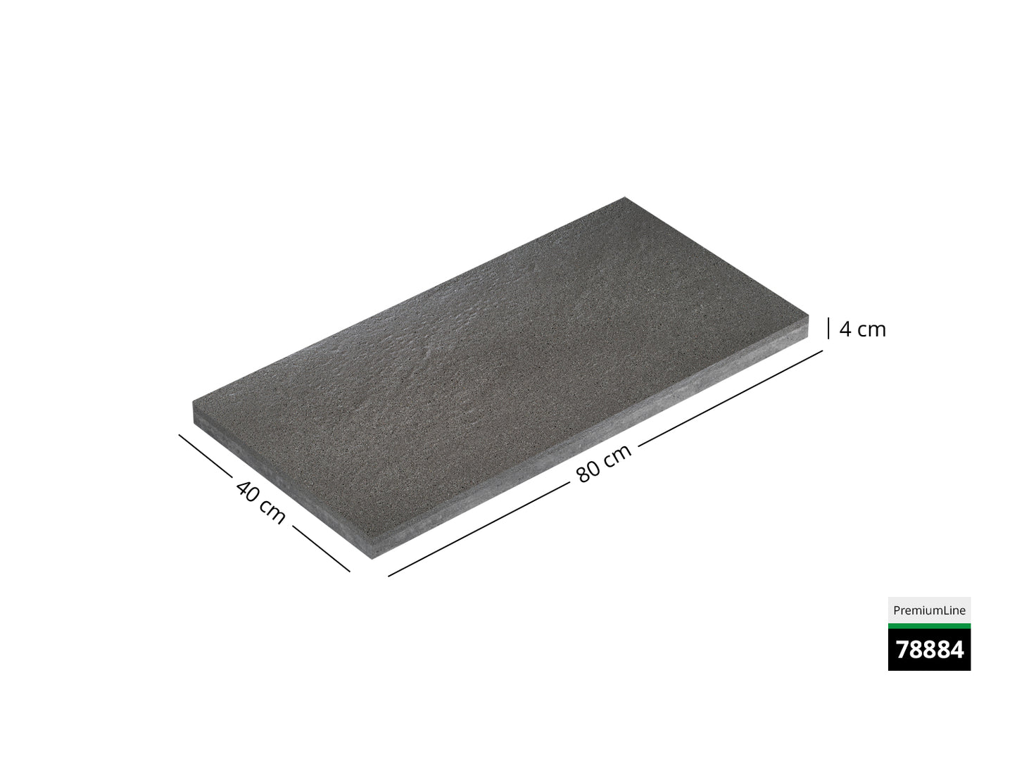 Saubere Schnittkante der 80x40 Terrassenplatte in grauer Natursteinoptik von Woehe & Heydemann mit feinkörniger Oberfläche