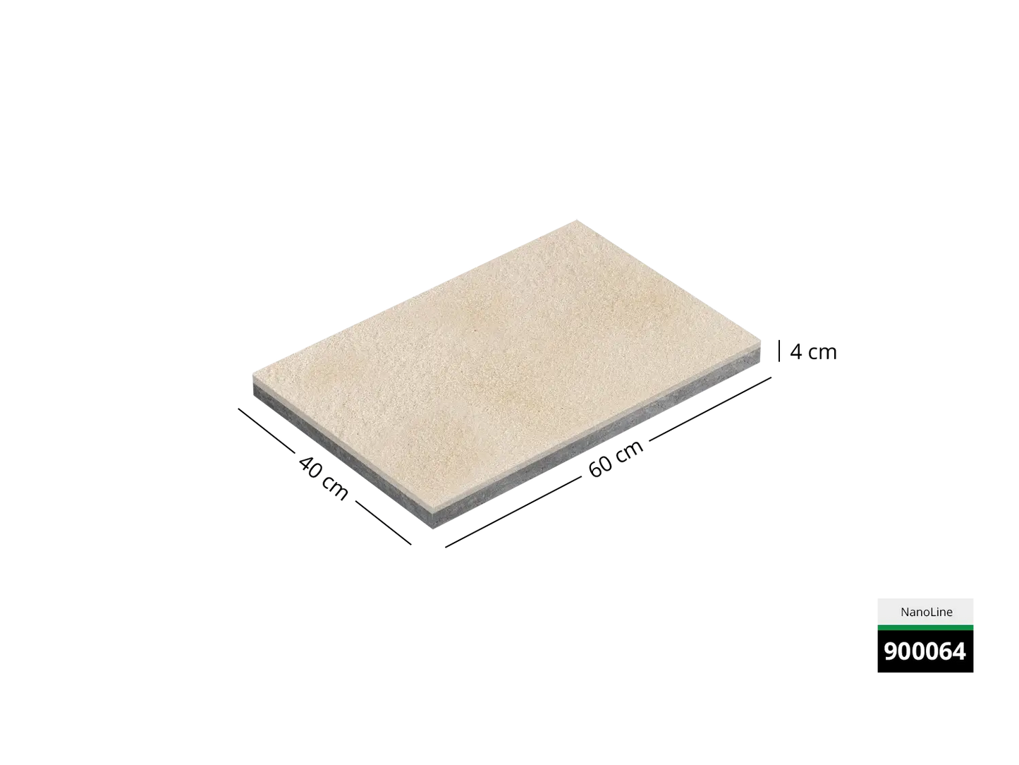 Saubere Schnittkante der 60x40 Terrassenplatte in beiger Natursteinoptik von Woehe & Heydemann mit feiner Oberfläche