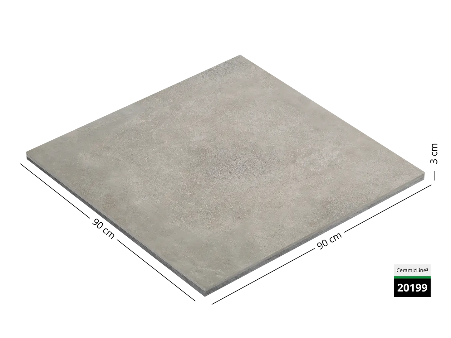 Saubere Schnittkante der 90x90 Terrassenplatte in grauer Beton-Optik von Woehe & Heydemann mit keramischer Oberfläche