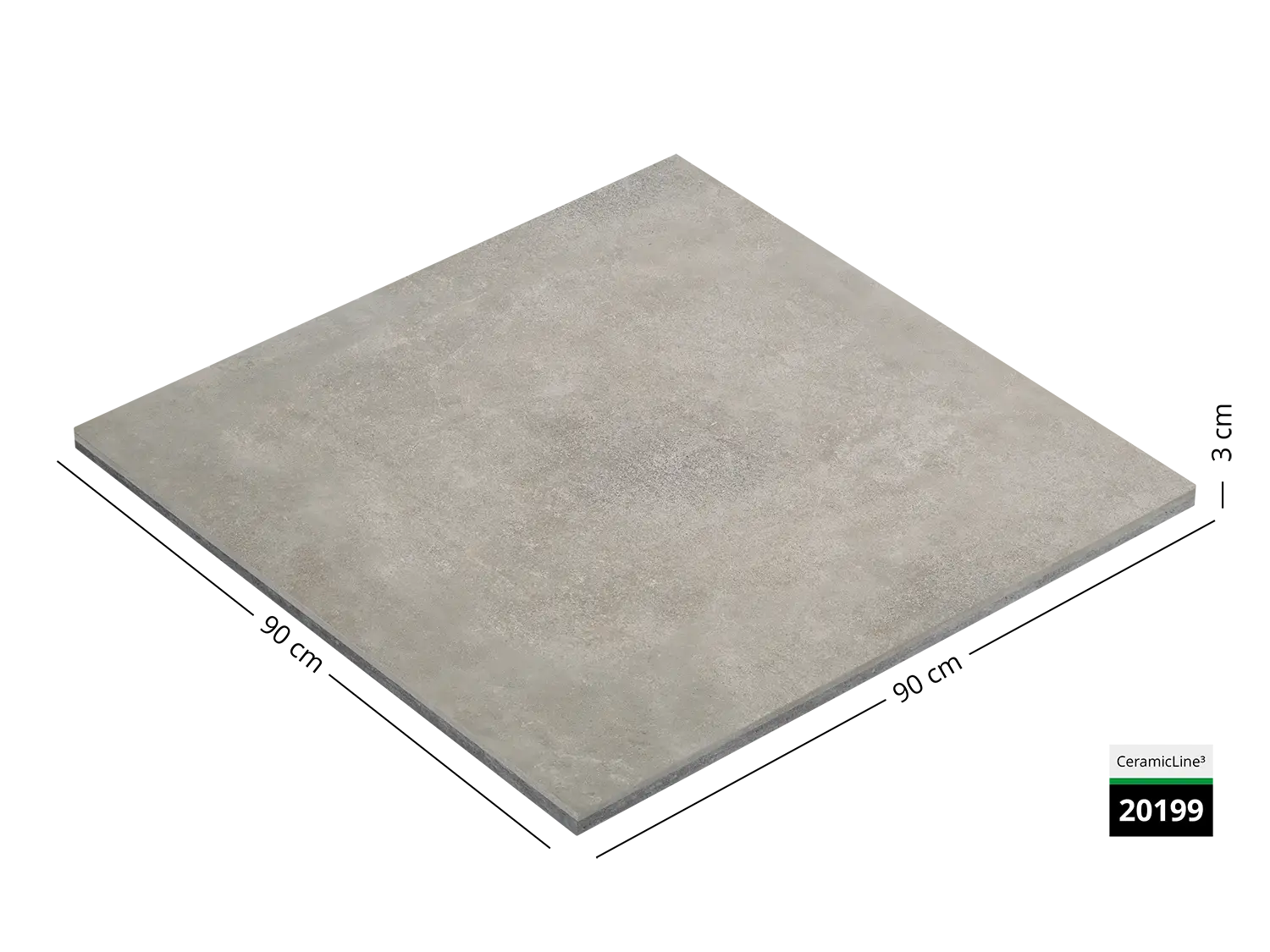 Saubere Schnittkante der 90x90 Terrassenplatte in grauer Beton-Optik von Woehe & Heydemann mit keramischer Oberfläche