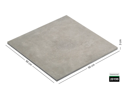 Saubere Schnittkante der 90x90 Terrassenplatte in grauer Beton-Optik von Woehe & Heydemann mit keramischer Oberfläche