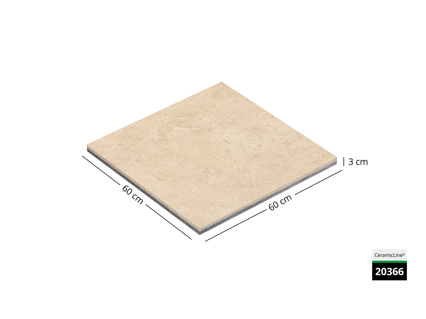 Saubere Schnittkante der 60x60 Terrassenplatte in beiger Naturstein-Optik von Woehe & Heydemann mit keramischer Oberfläche