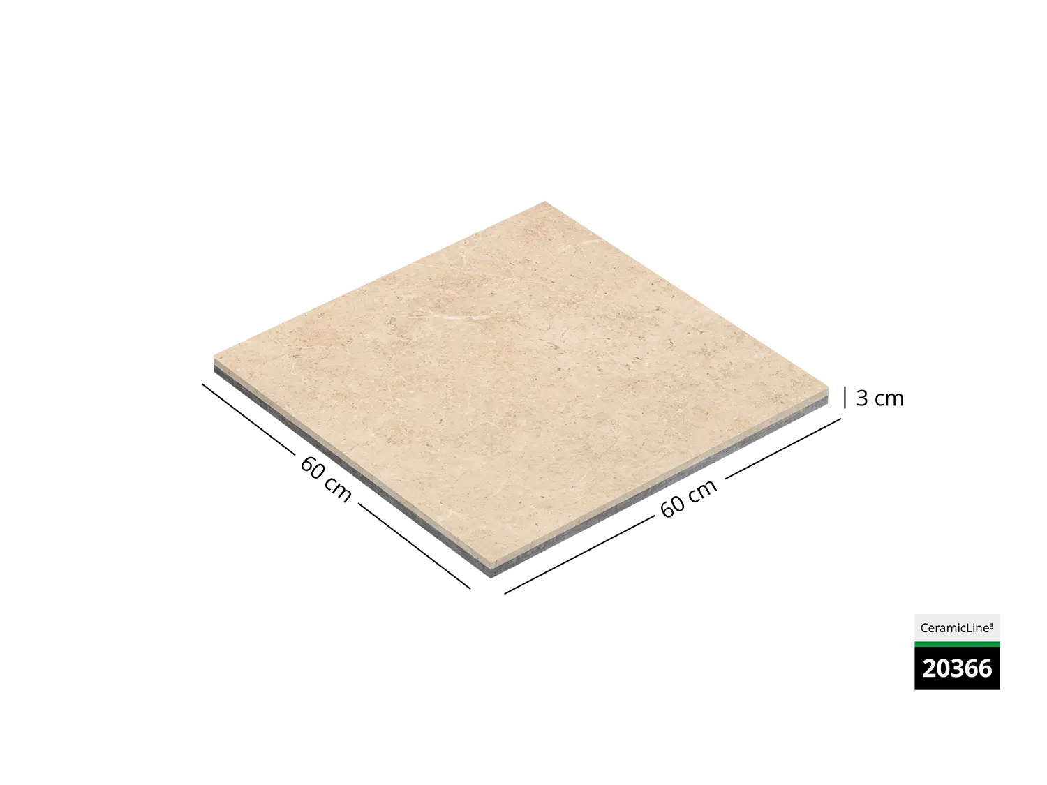 Saubere Schnittkante der 60x60 Terrassenplatte in beiger Naturstein-Optik von Woehe & Heydemann mit keramischer Oberfläche