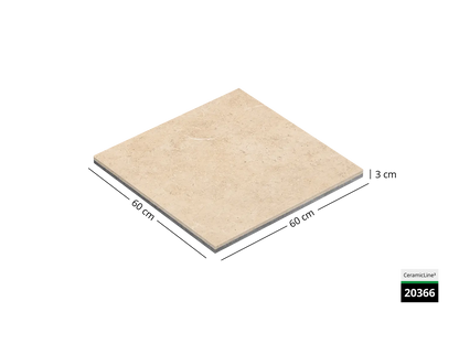 Saubere Schnittkante der 60x60 Terrassenplatte in beiger Naturstein-Optik von Woehe & Heydemann mit keramischer Oberfläche