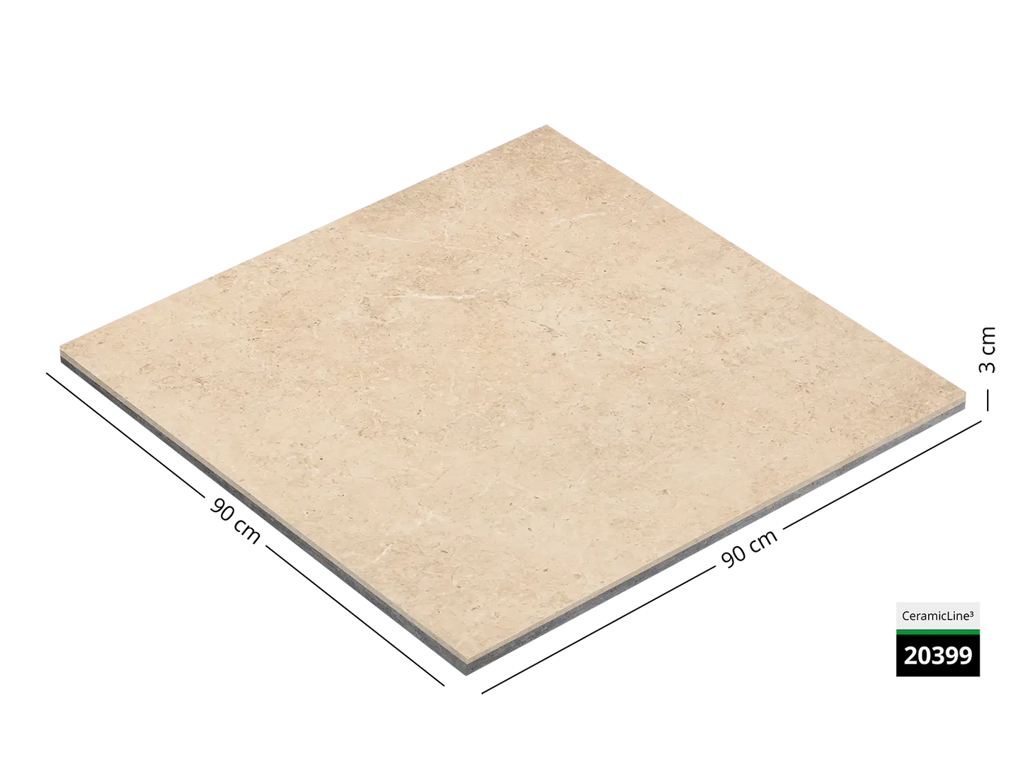 Saubere Schnittkante der 90x90 Terrassenplatte in beiger Naturstein-Optik von Woehe & Heydemann mit keramischer Oberfläche