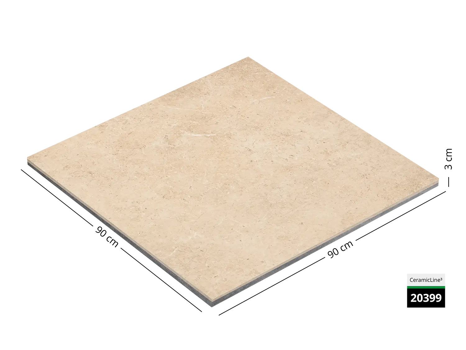 Saubere Schnittkante der 90x90 Terrassenplatte in beiger Naturstein-Optik von Woehe & Heydemann mit keramischer Oberfläche