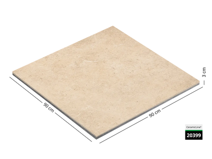 Saubere Schnittkante der 90x90 Terrassenplatte in beiger Naturstein-Optik von Woehe & Heydemann mit keramischer Oberfläche