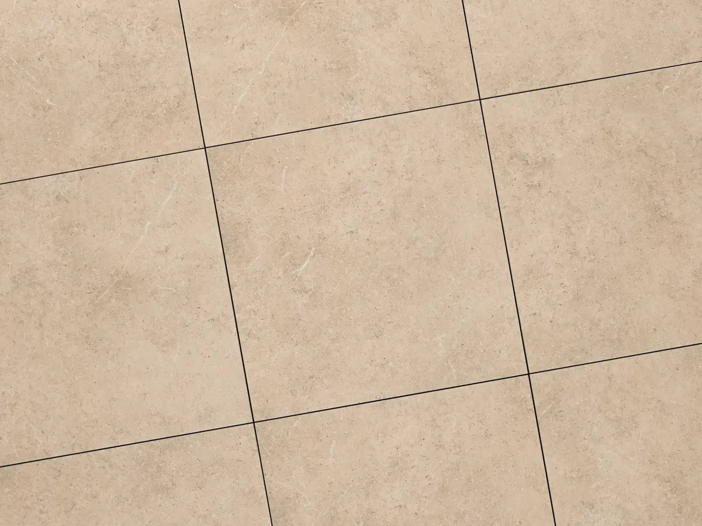 Verlegte CeramicLine³-Platten in beige von Woehe & Heydemann in 90x90. Naturstein-Optik mit harmonischer Linienführung.