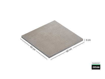 Saubere Schnittkante der 60x60 Terrassenplatte in beiger Natursteinoptik von Woehe & Heydemann mit feinkörniger Oberfläche  