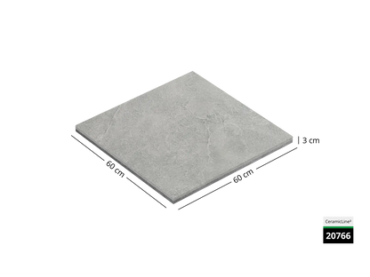 Saubere Schnittkante der 60x60 Terrassenplatte in grauer Naturstein-Optik von Woehe & Heydemann mit keramischer Oberfläche