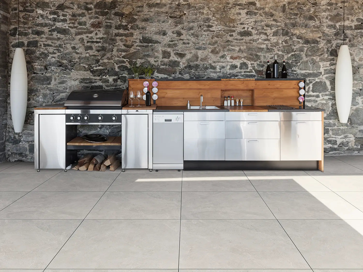 90x90 CeramicLine³-Keramikplatten in grauer Naturstein-Optik von Woehe & Heydemann verlegt auf einer modernen Terrasse