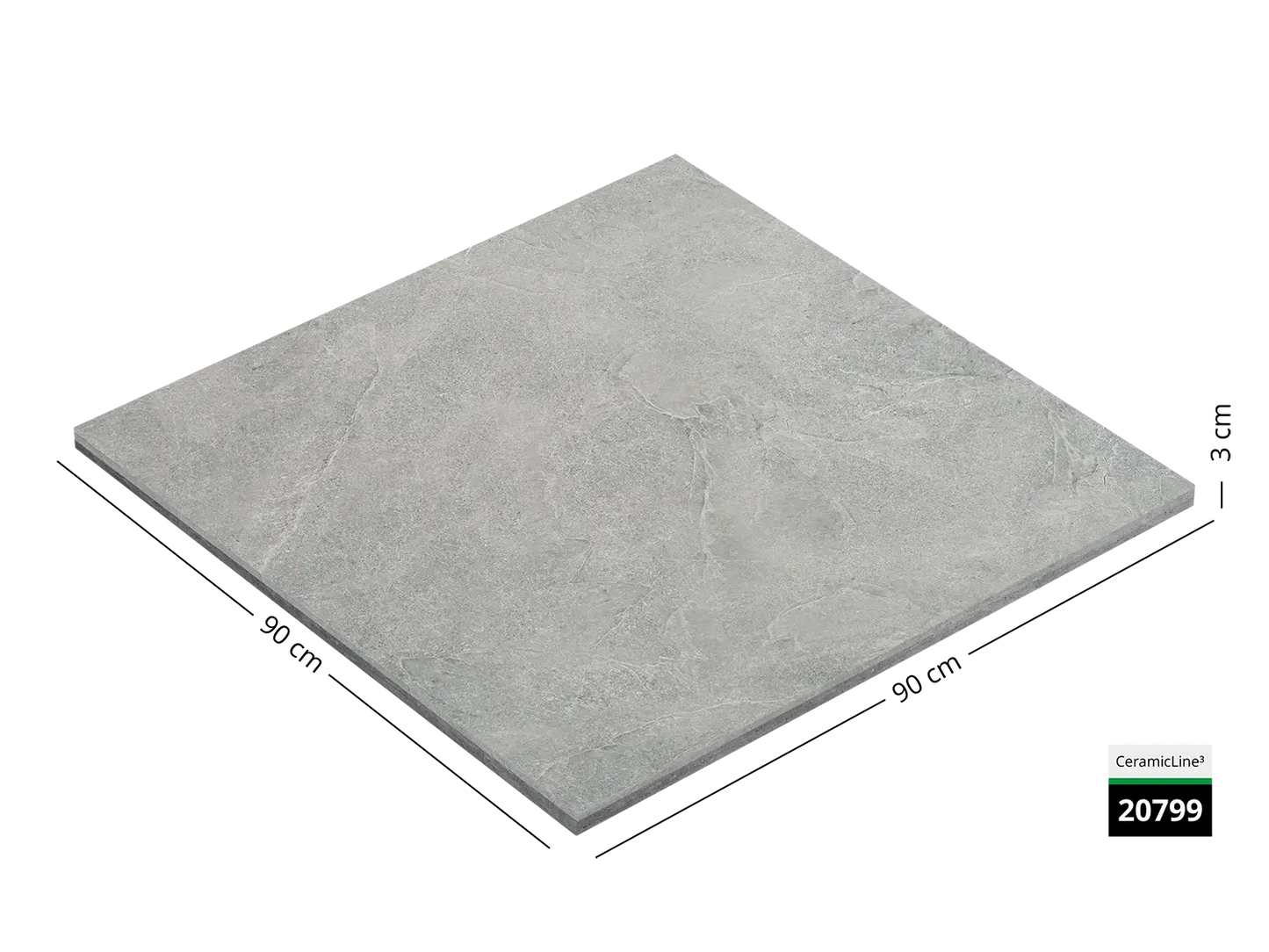 Saubere Schnittkante der 90x90 Terrassenplatte in grauer Naturstein-Optik von Woehe & Heydemann mit keramischer Oberfläche