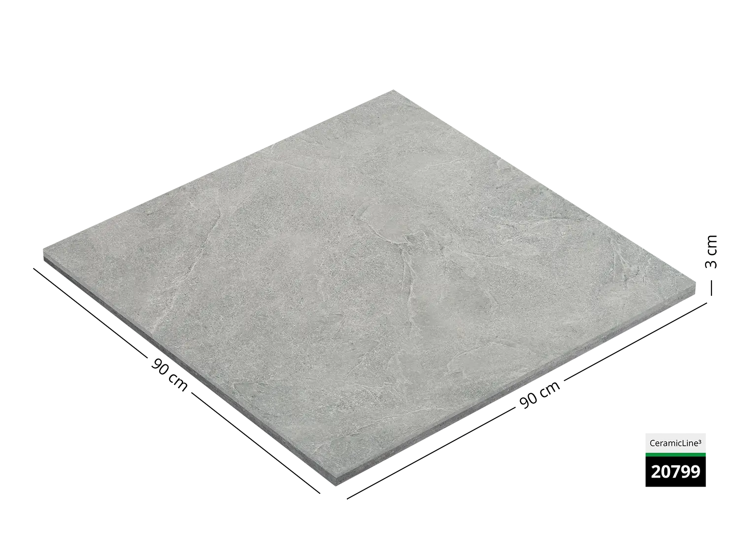 Saubere Schnittkante der 90x90 Terrassenplatte in grauer Naturstein-Optik von Woehe & Heydemann mit keramischer Oberfläche