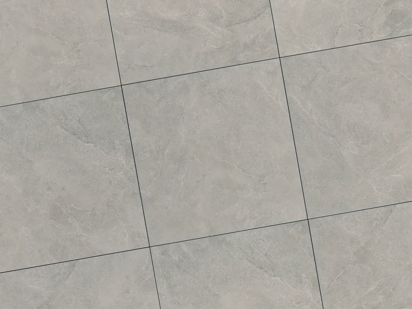 Verlegte CeramicLine³-Platten in grau von Woehe & Heydemann in 90x90. Naturstein-Optik mit harmonischer Linienführung.