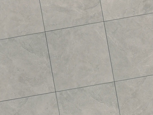 Verlegte CeramicLine³-Platten in grau von Woehe & Heydemann in 90x90. Naturstein-Optik mit harmonischer Linienführung.