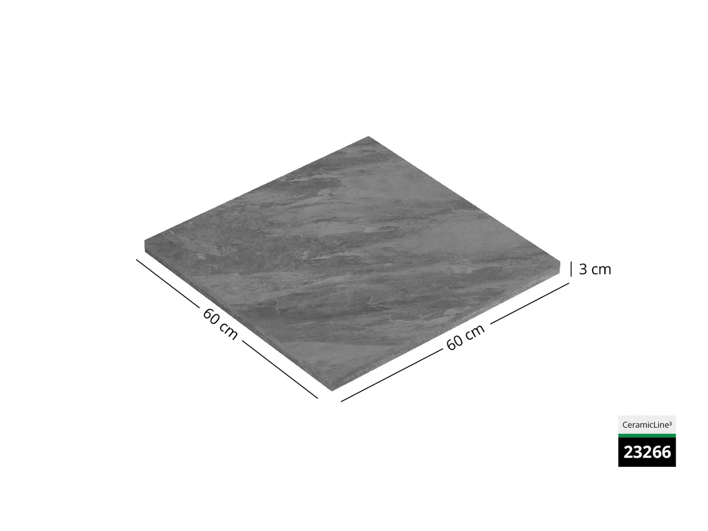 Saubere Schnittkante der 60x60 Terrassenplatte in grauer Natursteinoptik von Woehe & Heydemann mit feinkörniger Oberfläche  
