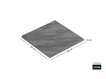 Saubere Schnittkante der 60x60 Terrassenplatte in grauer Natursteinoptik von Woehe & Heydemann mit feinkörniger Oberfläche  