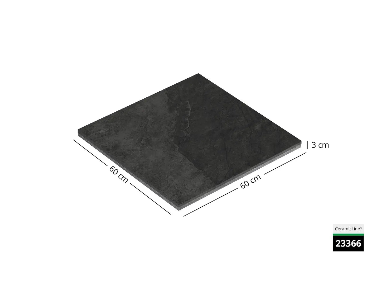 Saubere Schnittkante der 60x60 Terrassenplatte in anthraziter Natursteinoptik von Woehe & Heydemann mit feinkörniger Oberfläche  