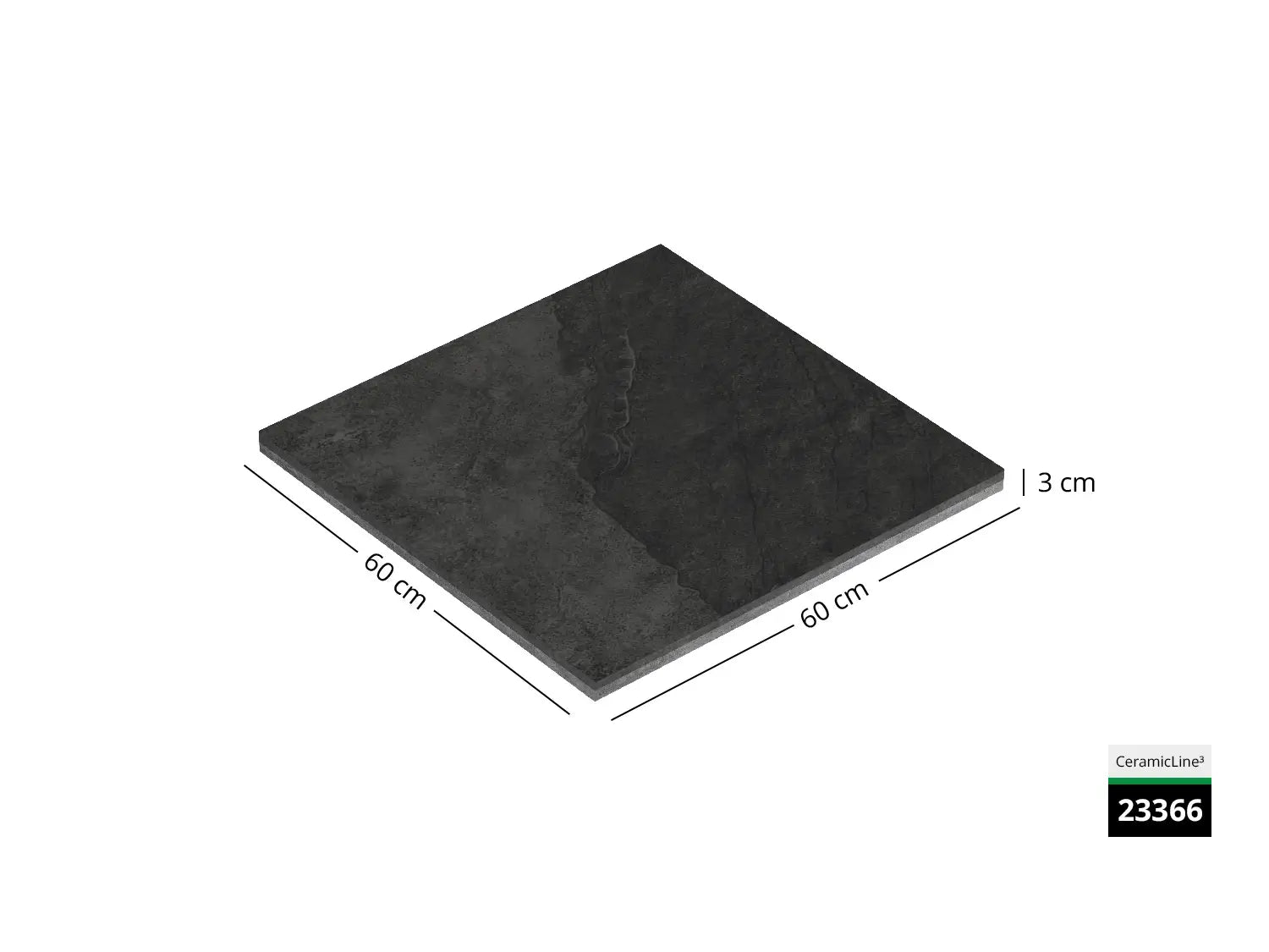 Saubere Schnittkante der 60x60 Terrassenplatte in anthraziter Natursteinoptik von Woehe & Heydemann mit feinkörniger Oberfläche  