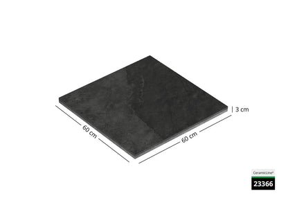 Saubere Schnittkante der 60x60 Terrassenplatte in anthraziter Natursteinoptik von Woehe & Heydemann mit feinkörniger Oberfläche  