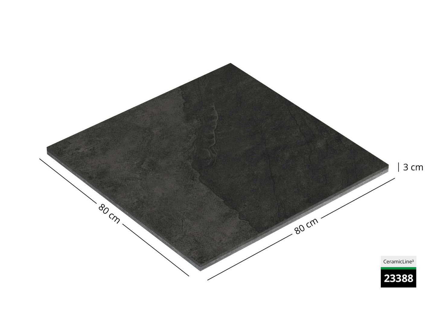 Saubere Schnittkante der 80x80 Terrassenplatte in anthraziter Natursteinoptik von Woehe & Heydemann mit feinkörniger Oberfläche  